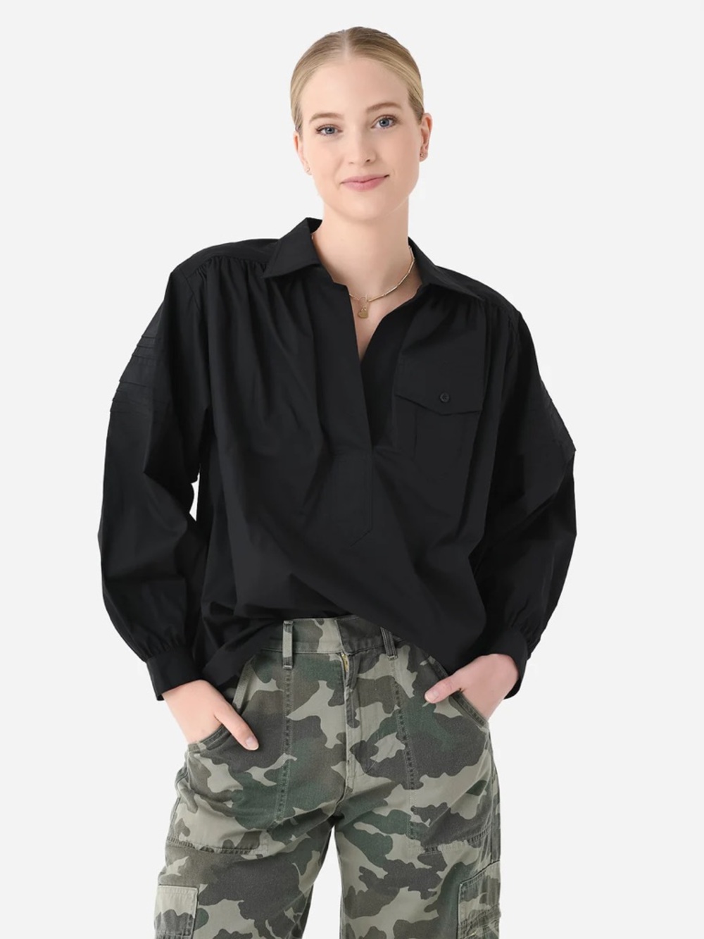HUNTER BELL‎ Black Poet Sleeves Poplin Evangeline Top Size Large
